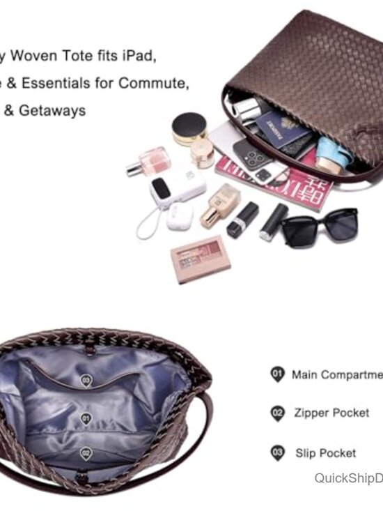 Vegan Leather Woven Tote Bag with Adjustable Strap and Pockets - Picture 6 of 7